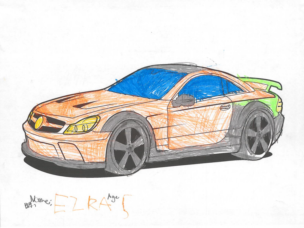 colored crayon picture of a car by Ezra